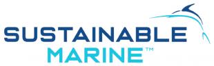 Sustainable Marine logo uppercase dark blue and aqua green lettering with dolphin illustration